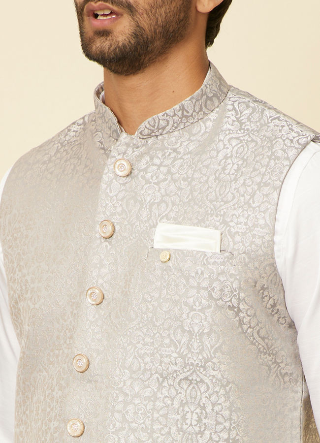 alt message - Manyavar Men Light Grey Medallion Patterned Nehru Jacket image number 1